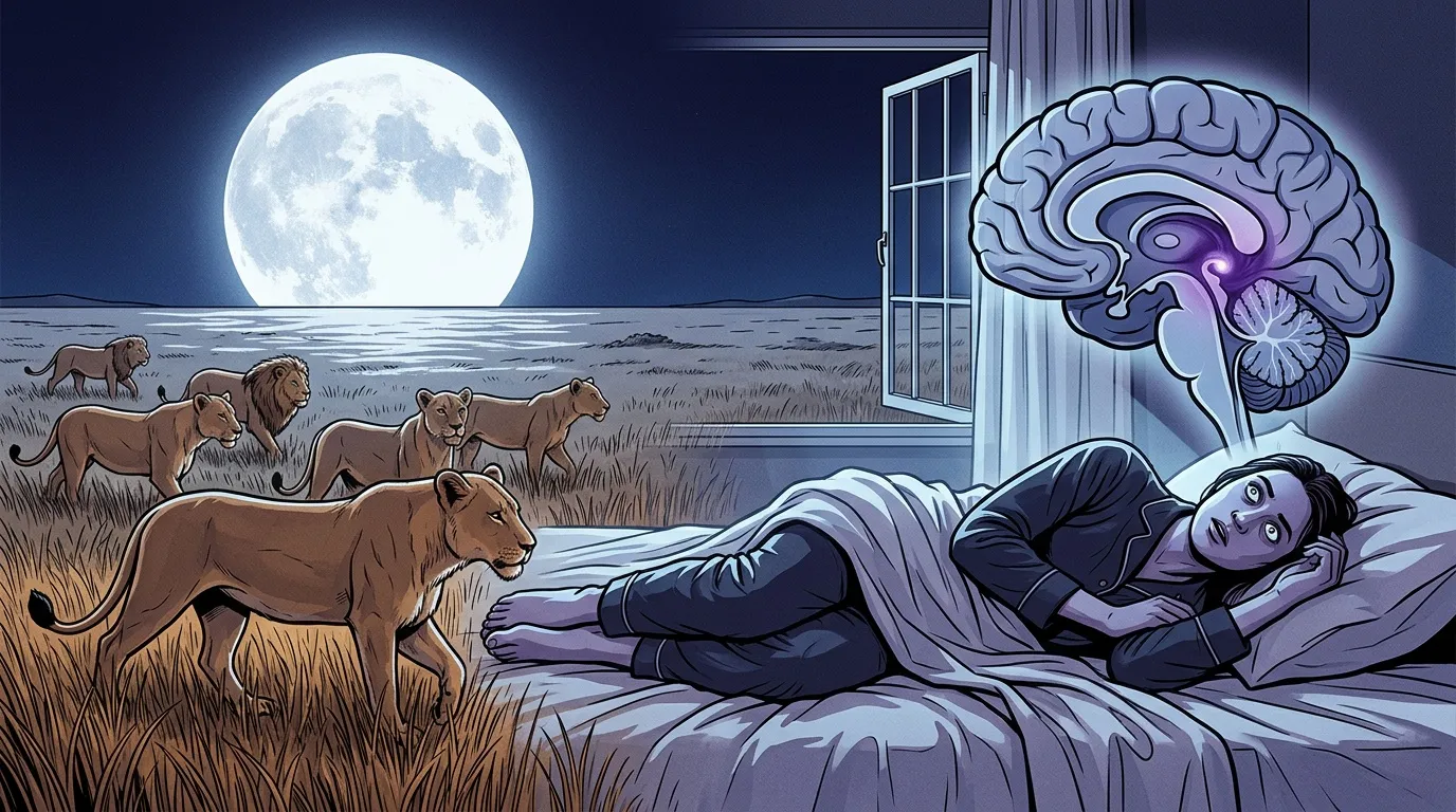 Personne endormie r&ecirc;vant de lions sous la pleine lune