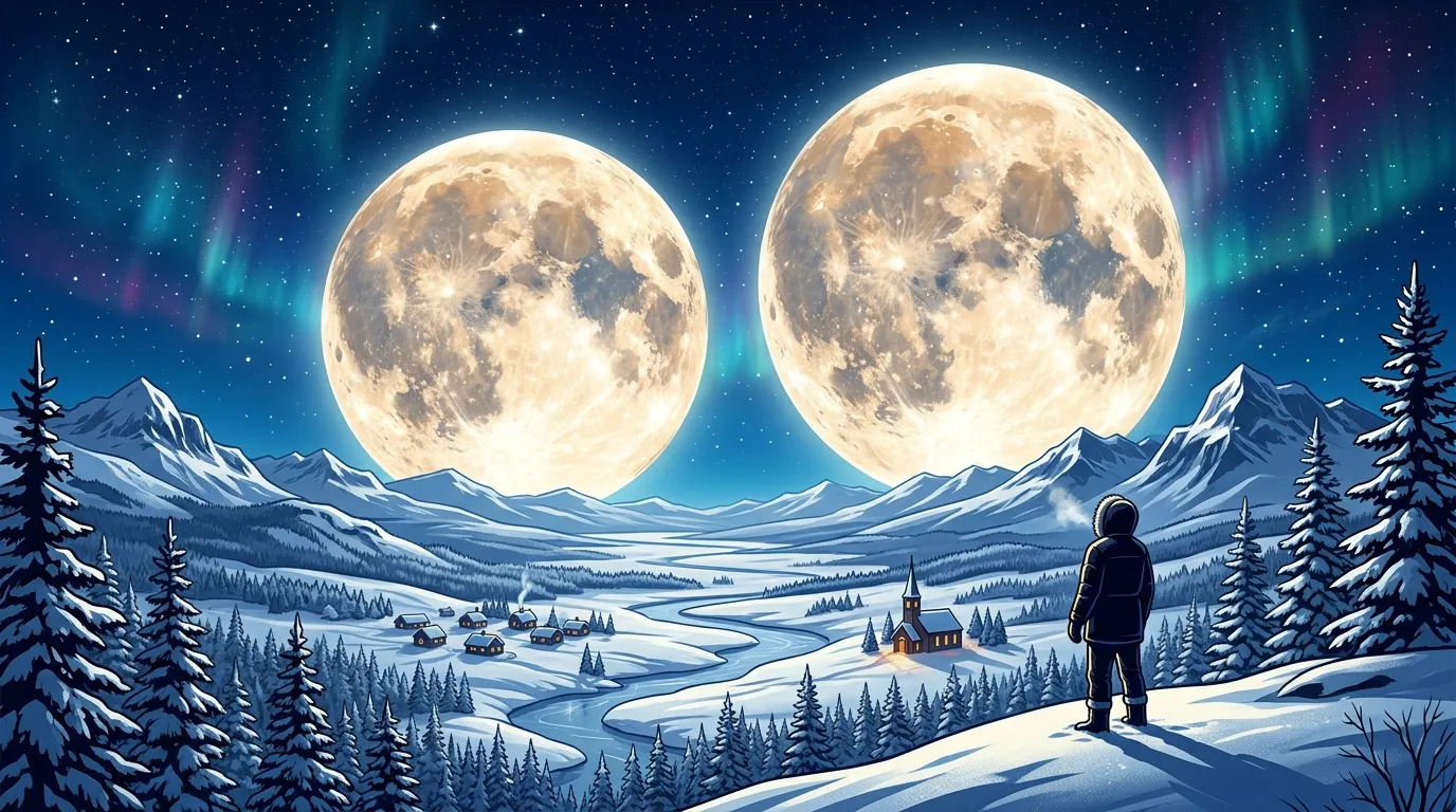 Voyageur solitaire admirant deux pleines lunes sur paysage enneig&eacute;