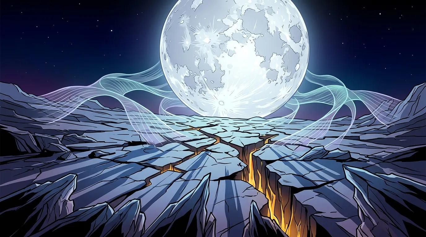 Lune brillante surplombant un paysage rocheux désertique fendu