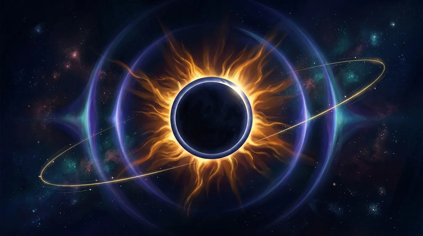 Trou noir entouré d'anneaux lumineux dorés et bleus