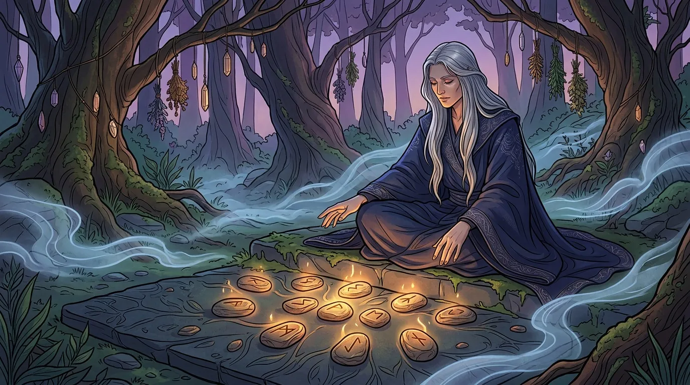Femme mystique contemplant des runes brillantes en forêt enchantée