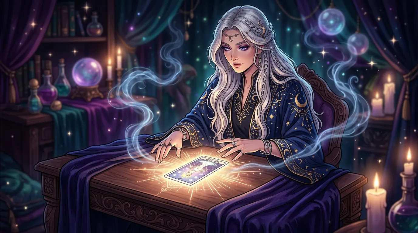Femme magicienne lisant les cartes de tarot avec magie