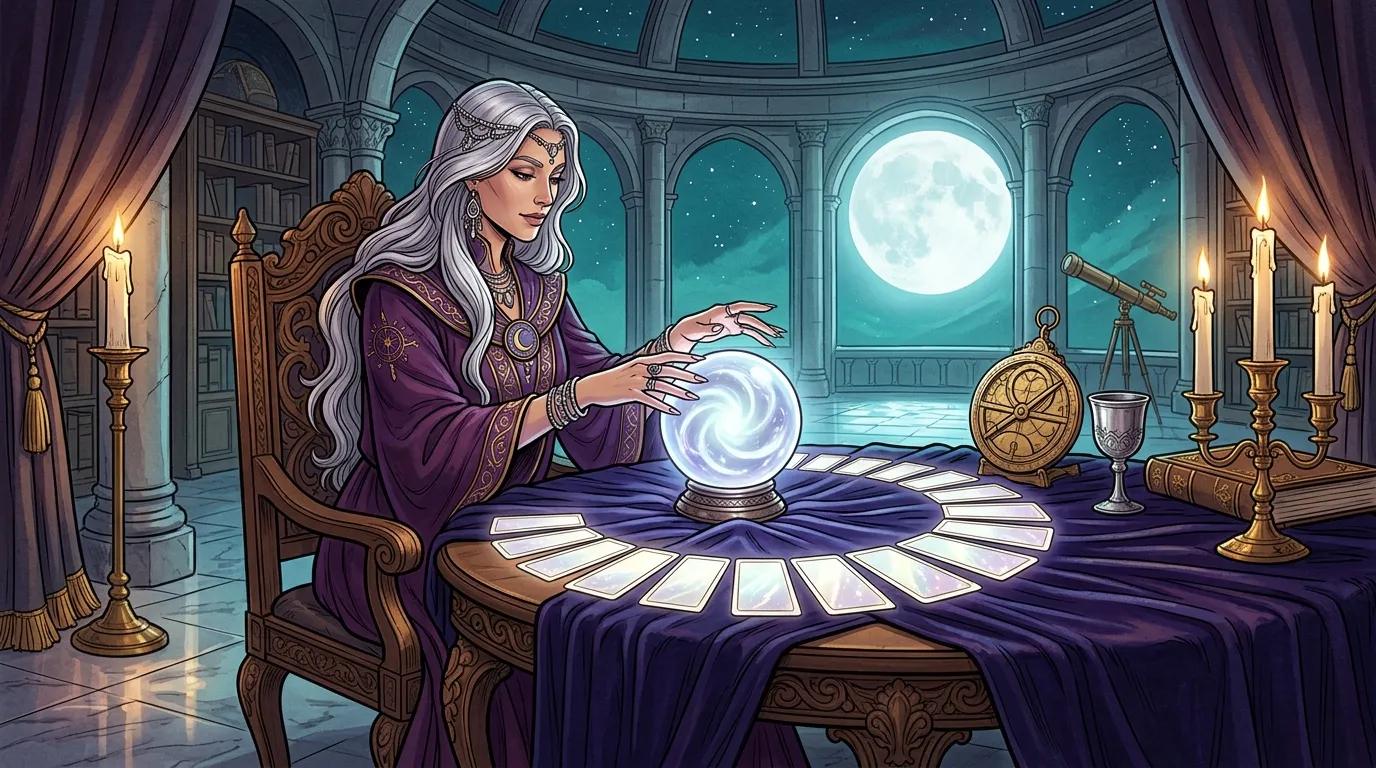 Femme mystique consultant une boule de cristal lumineuse la nuit
