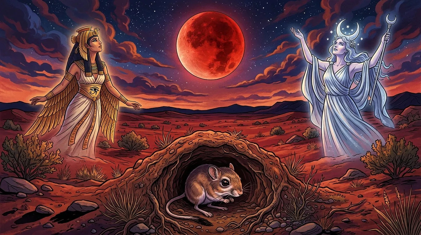 Deux déesses mythologiques encadrent un petit animal souterrain sous lune rouge