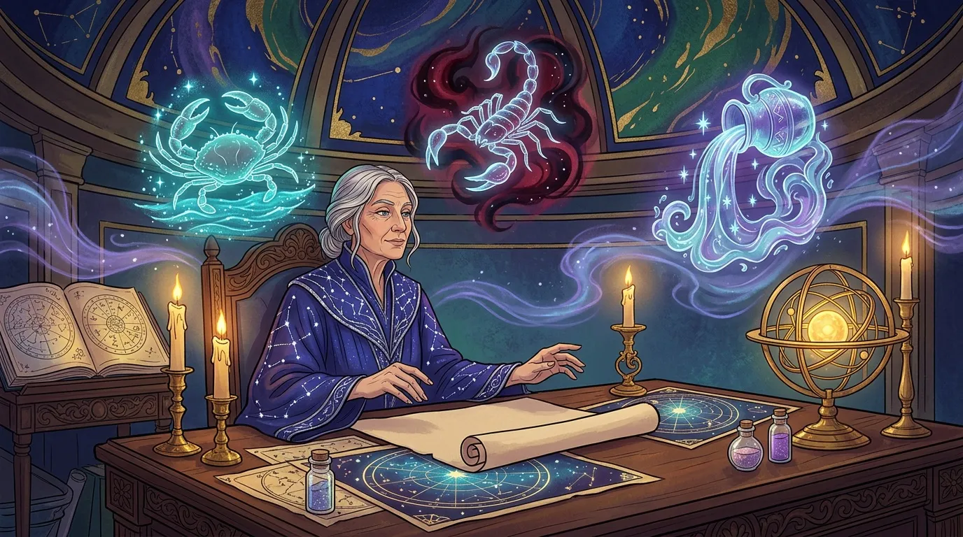 Femme astrologue étudiant cartes célestes et constellations lumineuses
