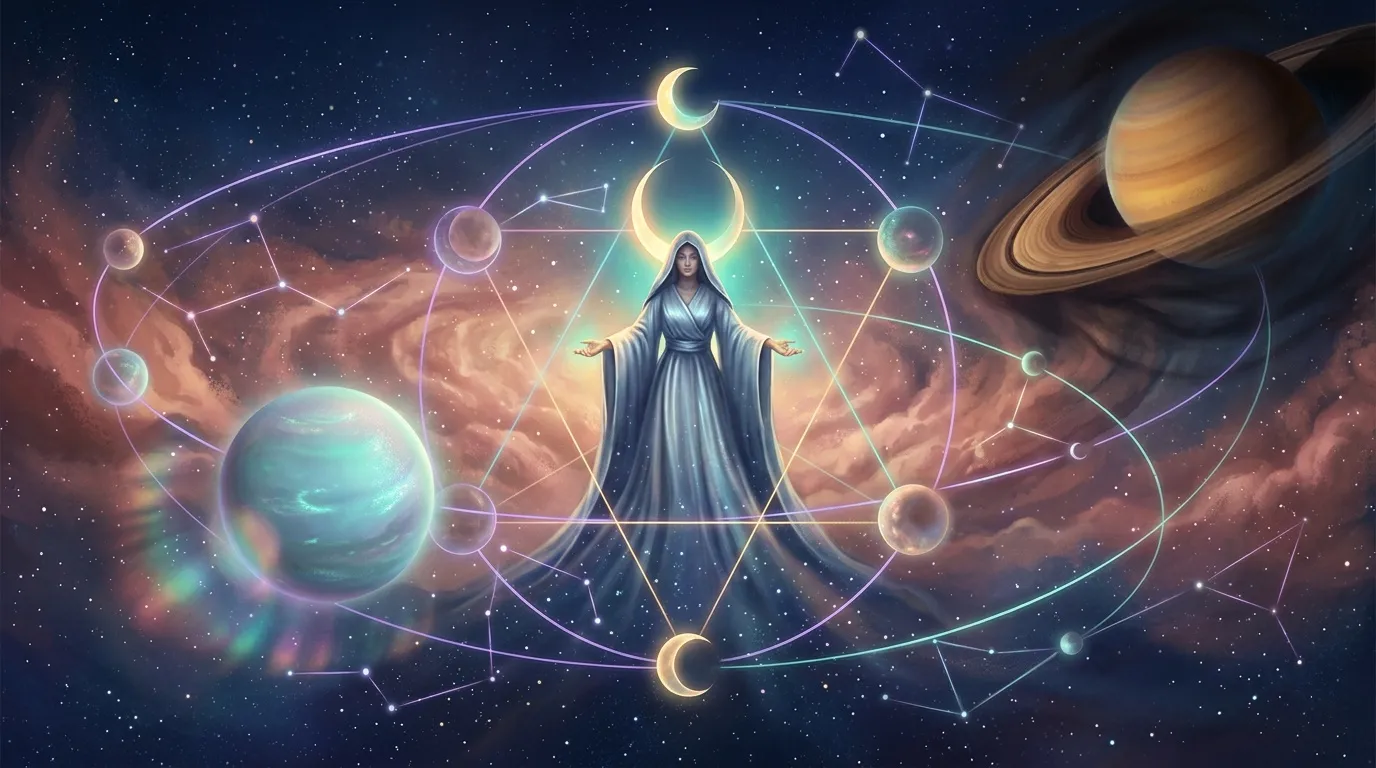 Femme mystique entourée de planètes et de constellations