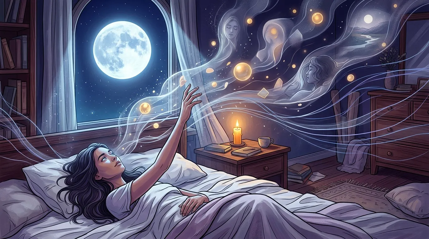 Femme au lit contemple la lune brillante et les esprits magiques