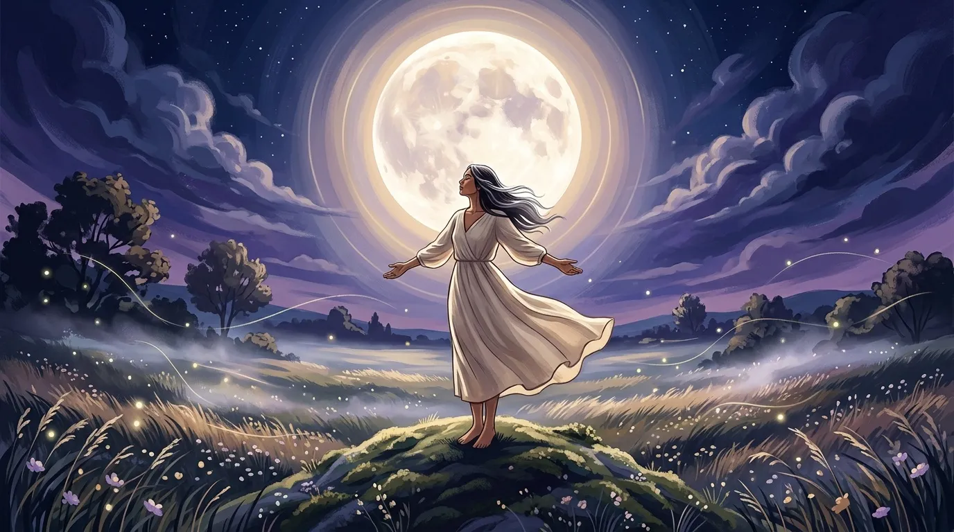 Femme en robe blanche dansant sous la pleine lune dans un champ