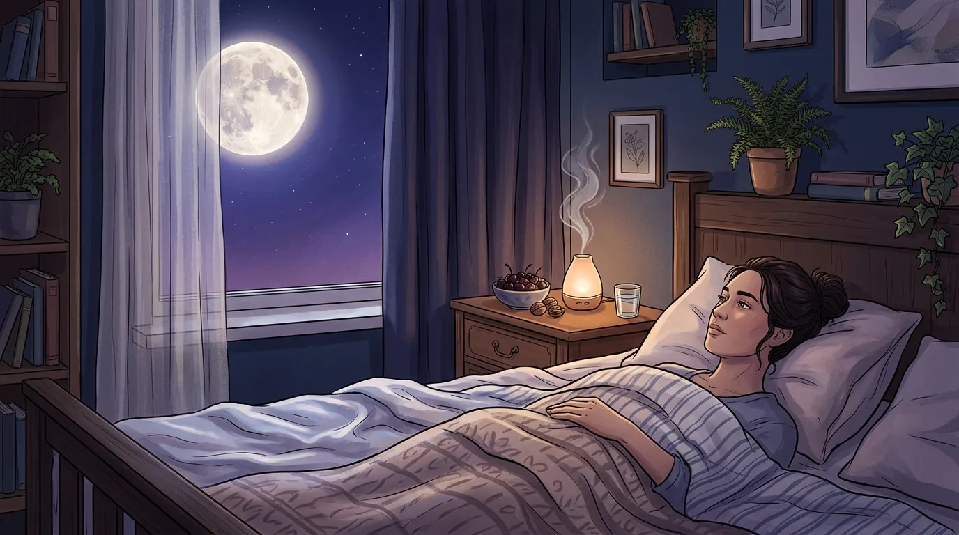 Homme au lit contemplant la pleine lune nocturne par la fen&ecirc;tre