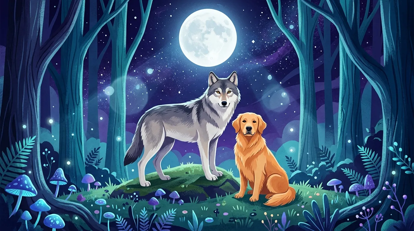 Loup gris et chien dor&eacute; dans une for&ecirc;t magique nocturne