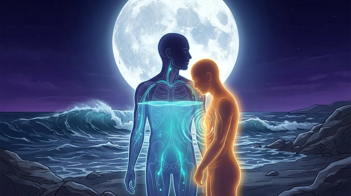Deux silhouettes lumineuses face &agrave; face devant la lune g&eacute;ante