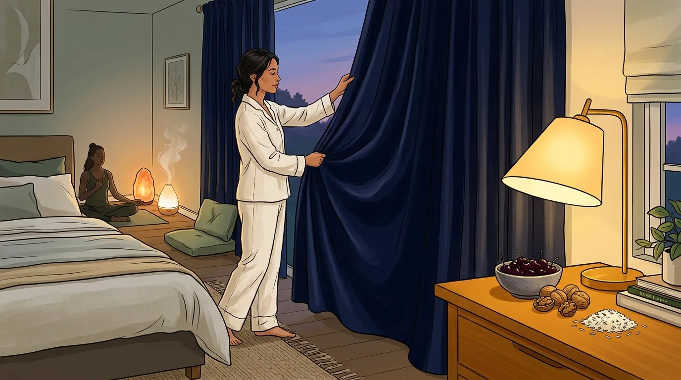 Femme en pyjama blanc ouvre les rideaux bleus d'une chambre.