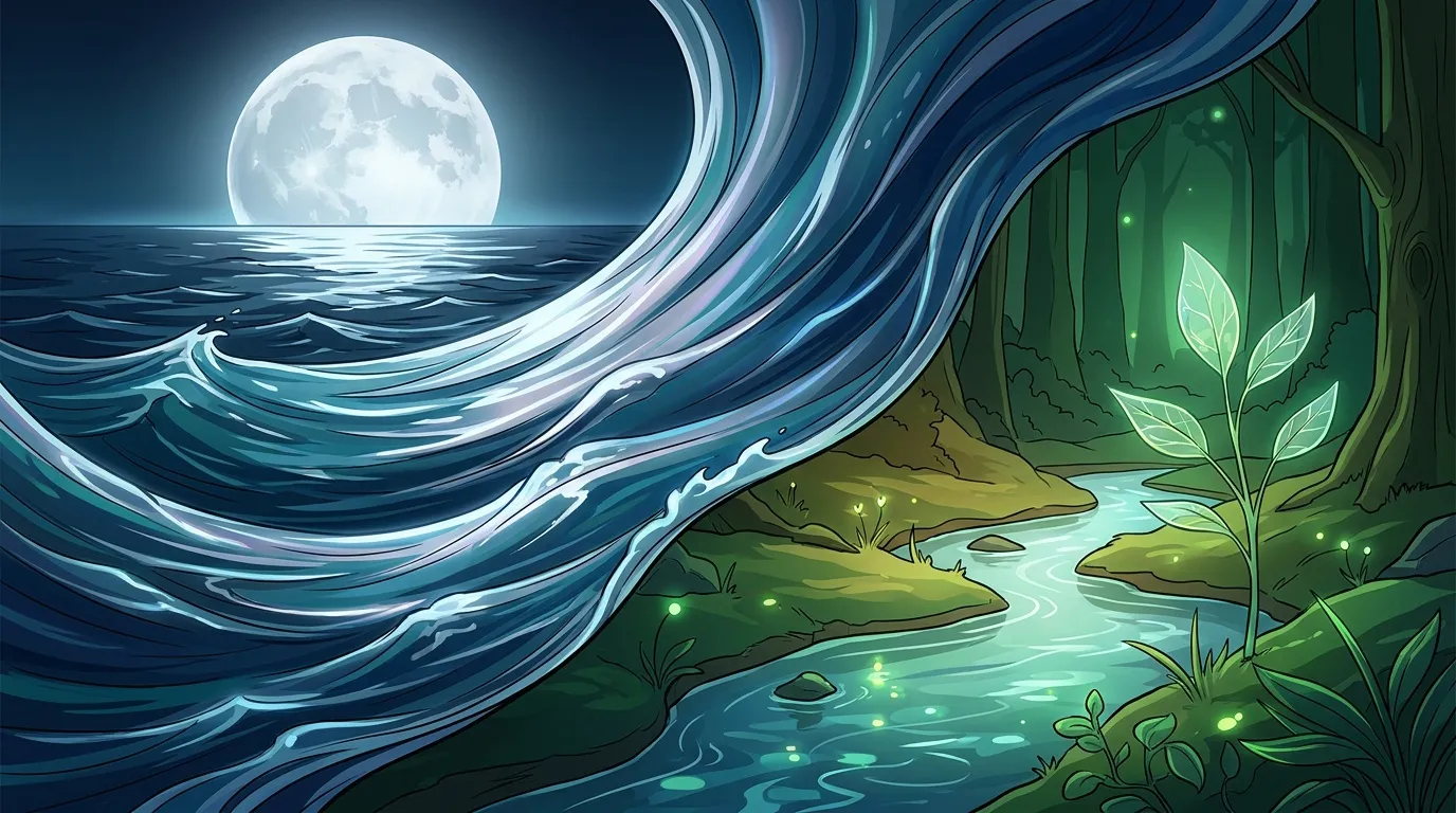 Vague g&eacute;ante surplombant une for&ecirc;t magique illumin&eacute;e sous la lune
