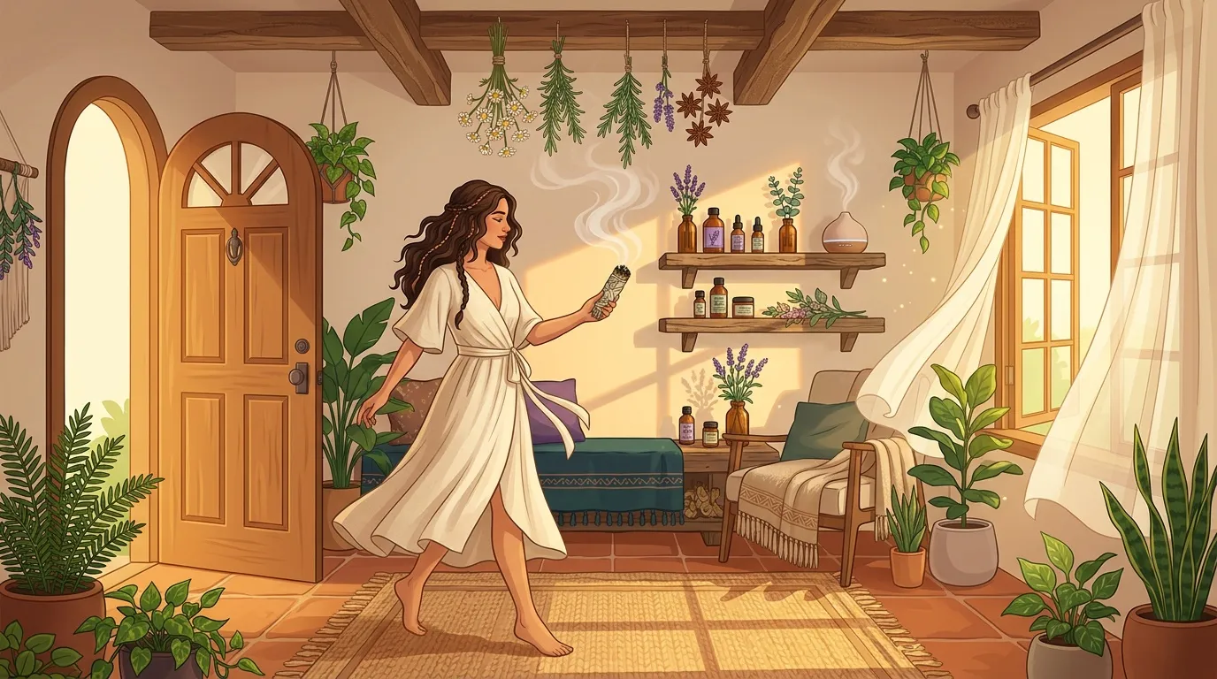 Femme dans un spa naturel entouré de plantes aromatiques