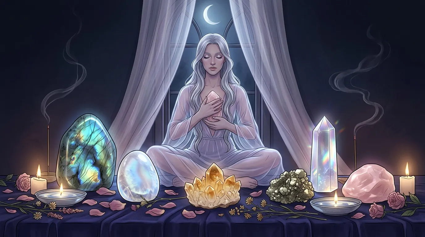 Femme m&eacute;ditant entour&eacute;e de cristaux et bougies sous la lune