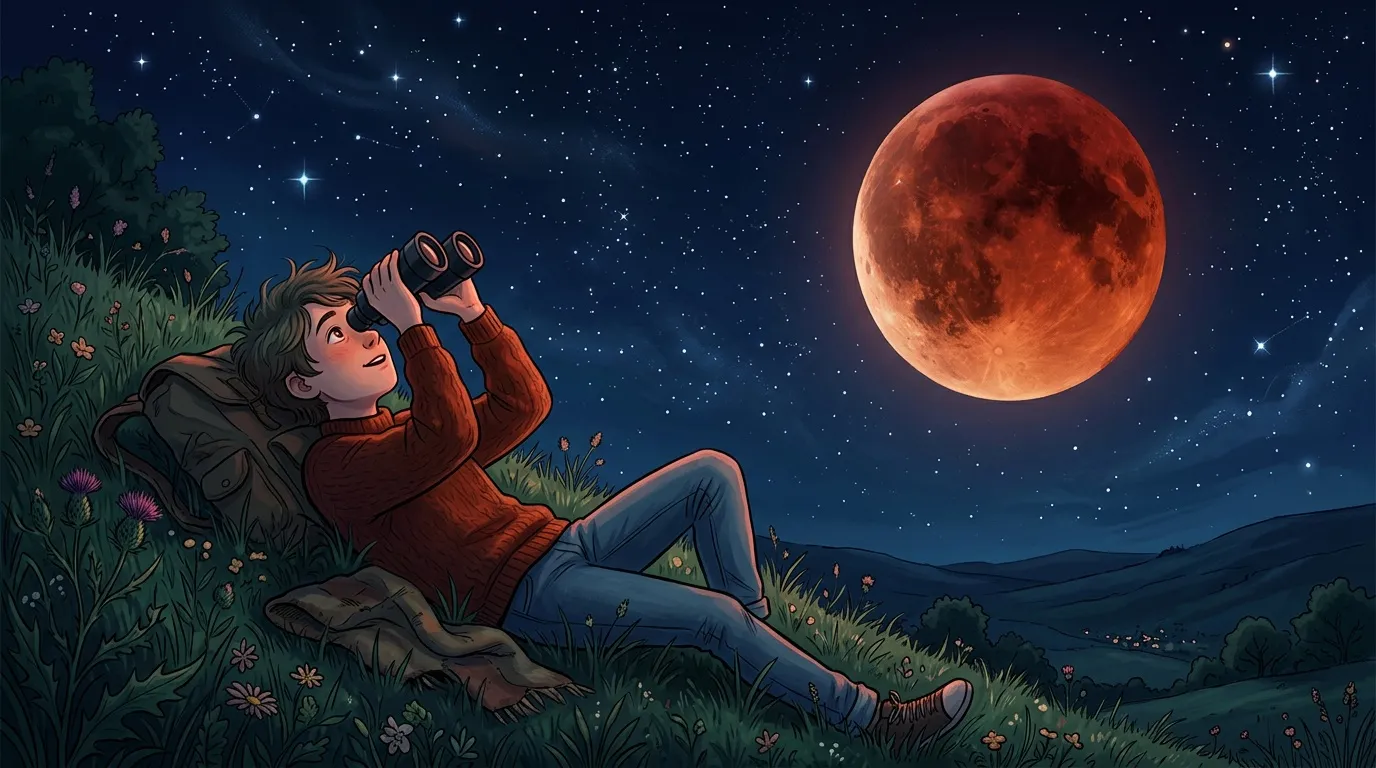 Jeune garçon observant la lune rouge avec des jumelles