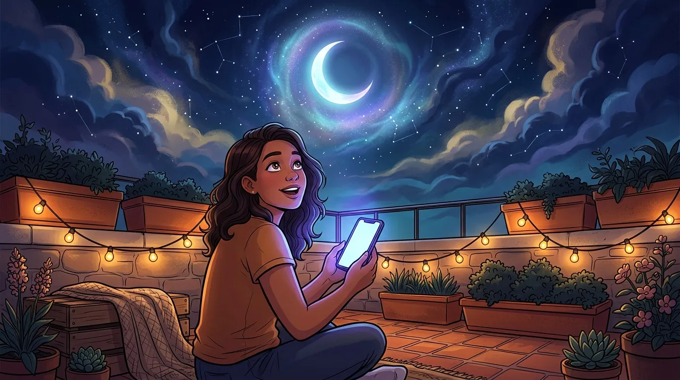 Femme sur terrasse observe lune magique avec téléphone