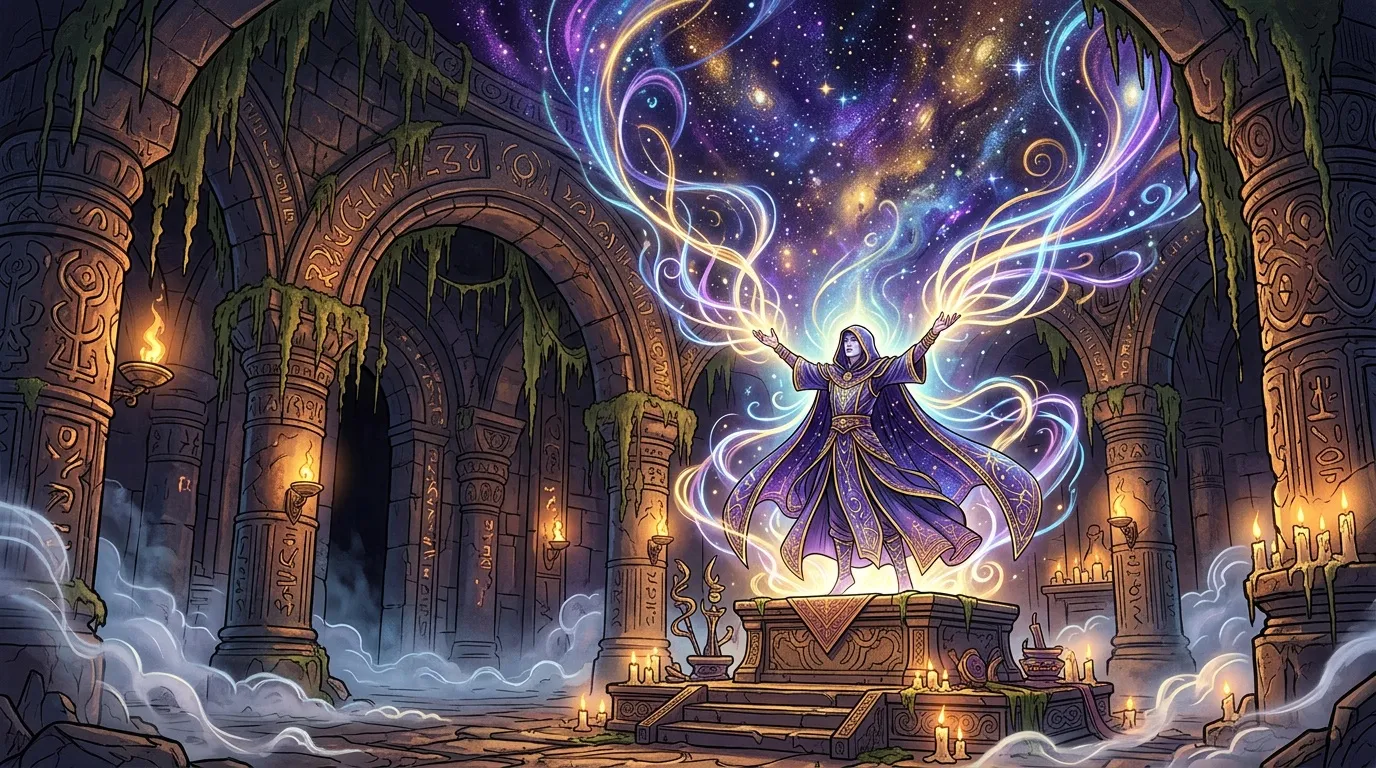 Mage levant les bras dans un temple ancien avec énergie cosmique