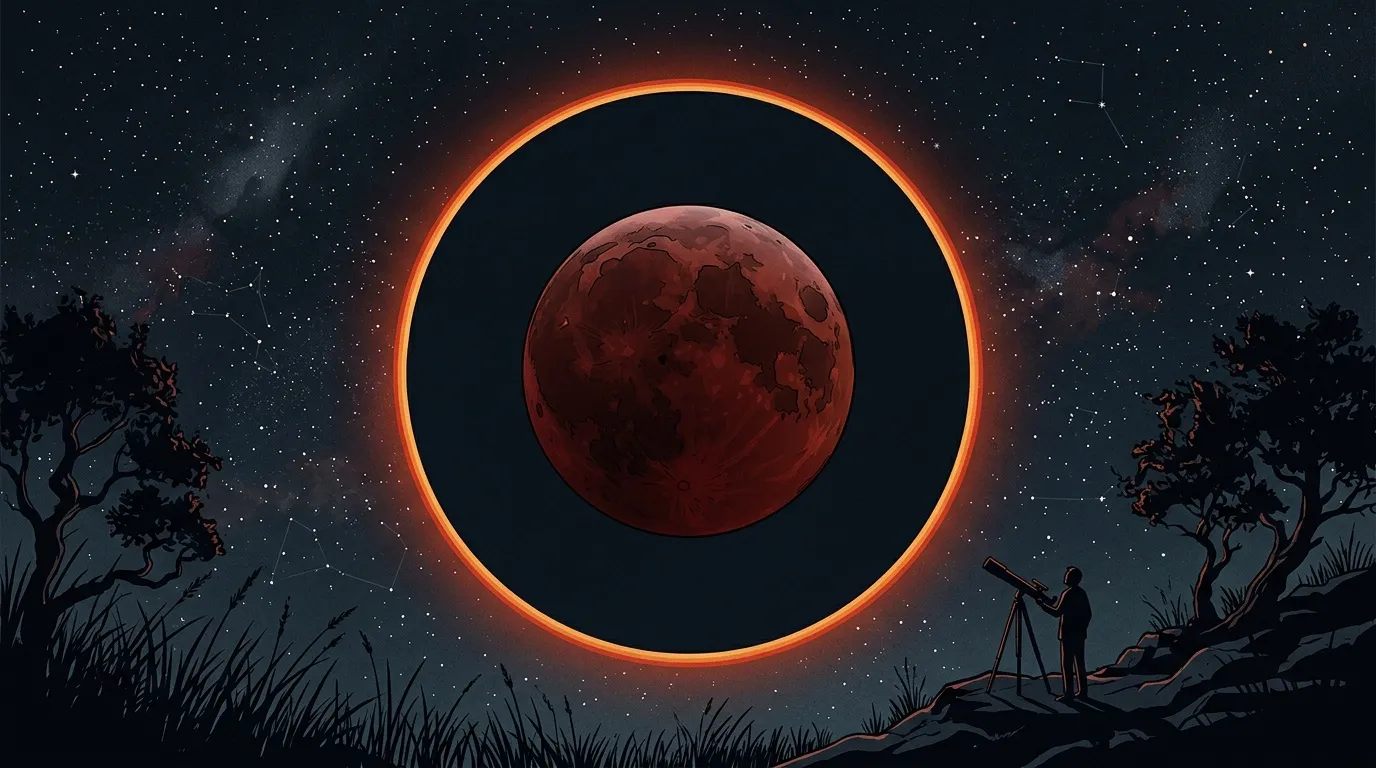 Astronome observant une éclipse lunaire rouge spectaculaire la nuit