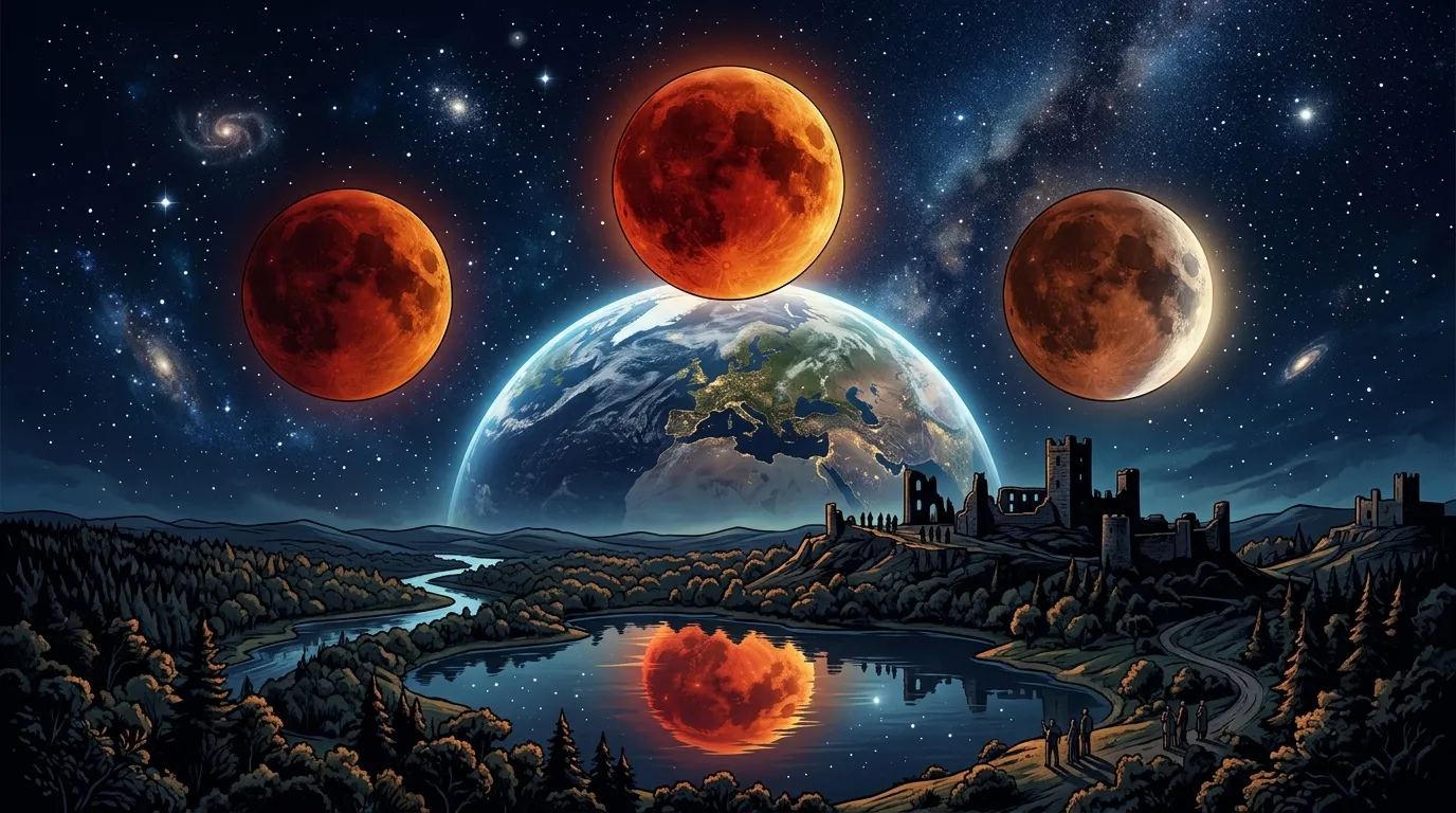Trois lunes rouges surplombant la Terre et un château médiéval