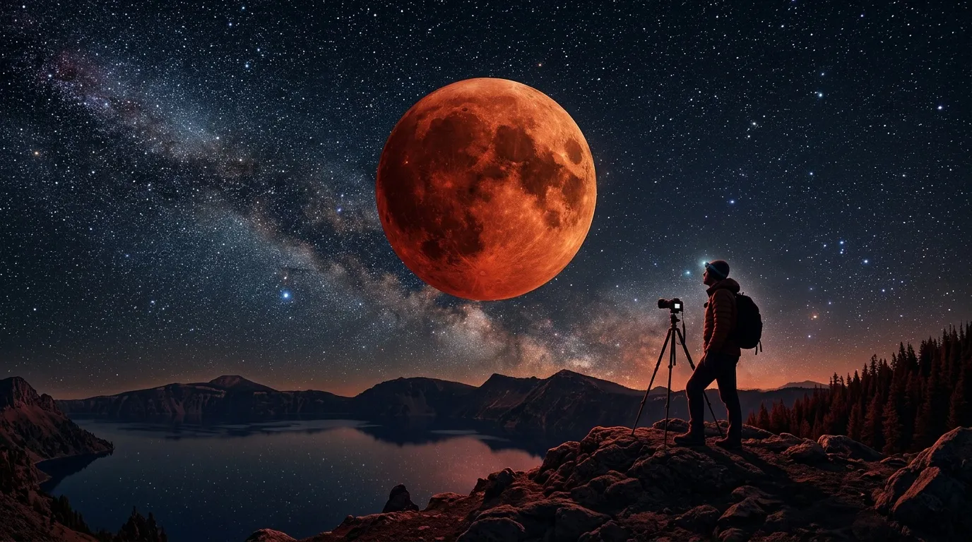 Astronome photographiant une Lune rouge au-dessus d'un lac montagneux