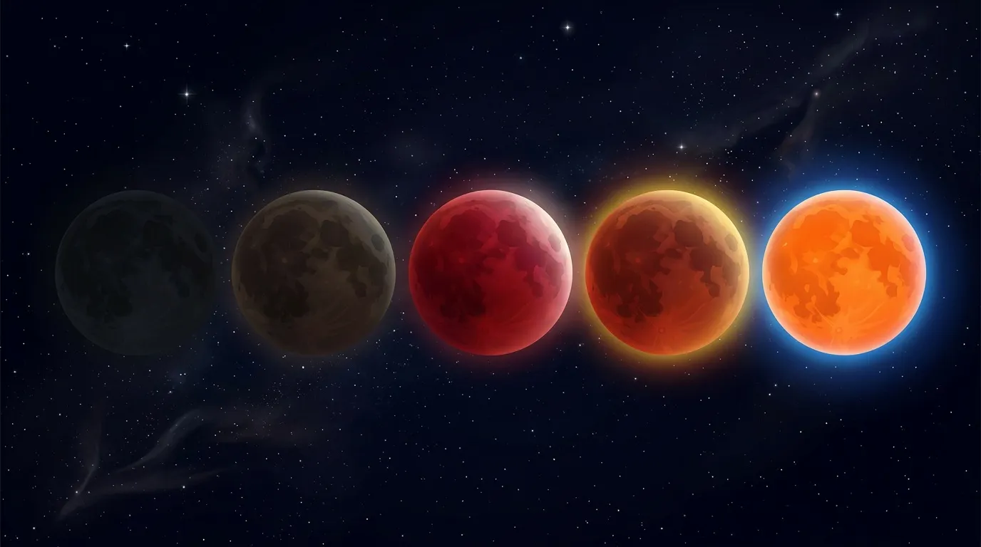 Cinq phases progression éclipse lunaire totale dans l'espace