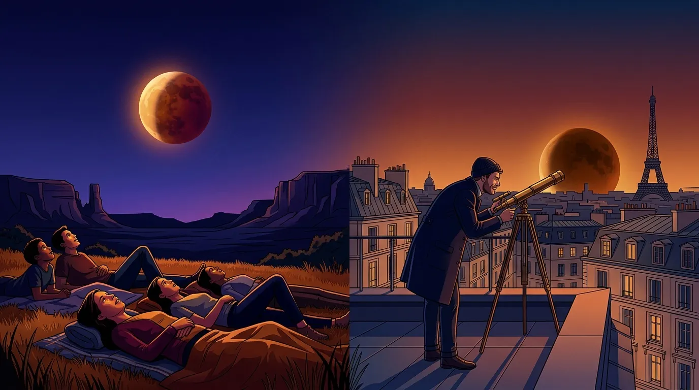 Astronome observant la lune entre désert et Paris nocturne