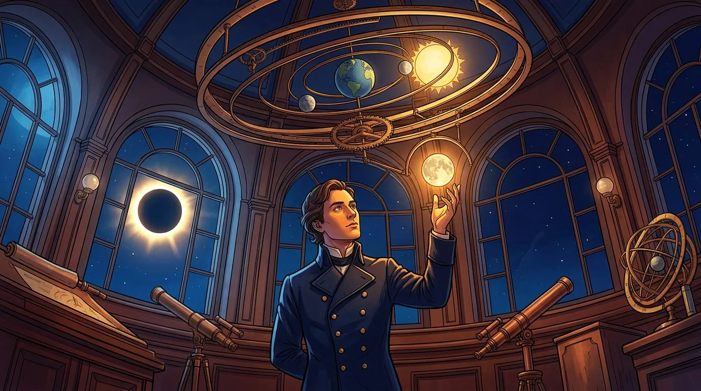 Homme en costume bleu observe la lune dans observatoire steampunk