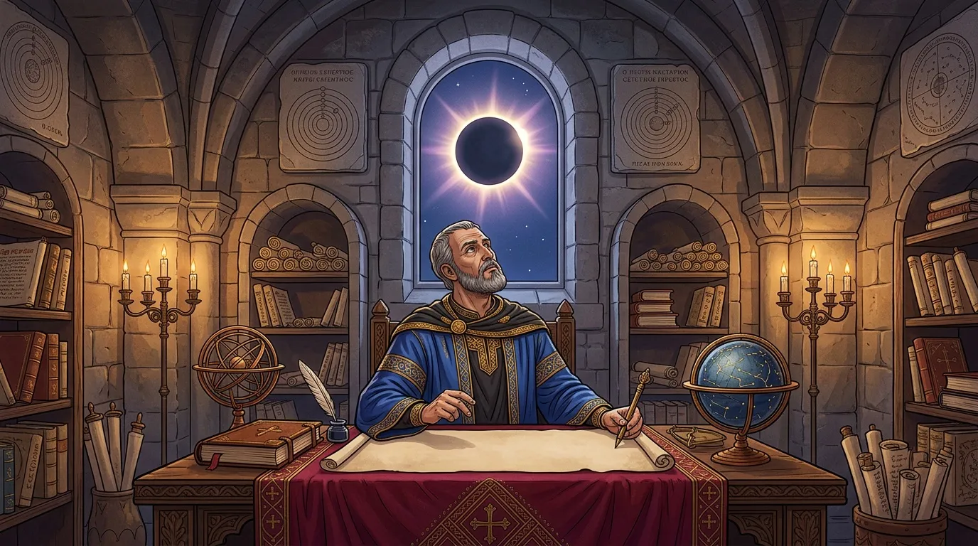 Érudit médiéval observant une éclipse solaire dans sa bibliothèque