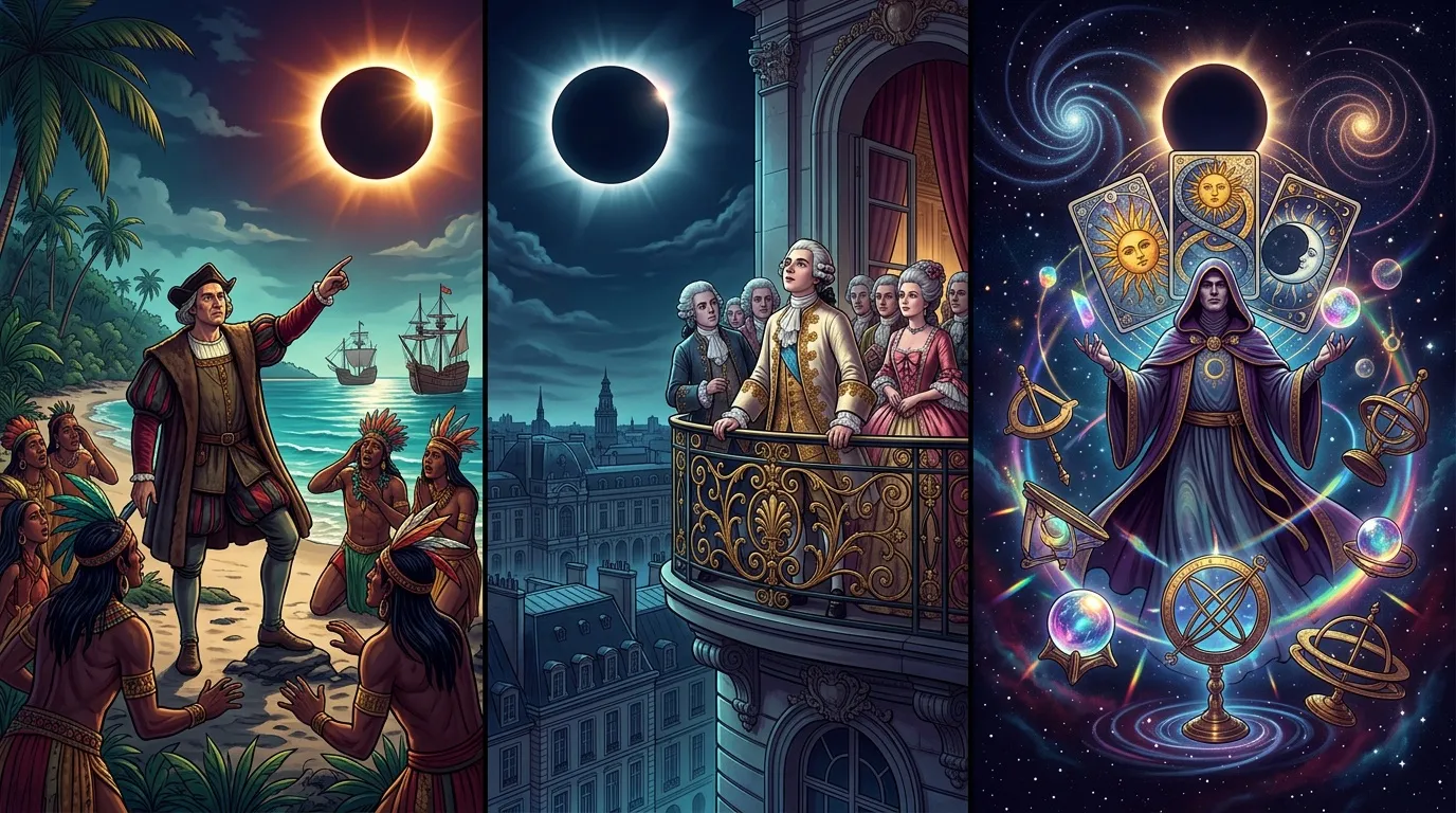 Trois représentations historiques et mystiques d'éclipses solaires totales