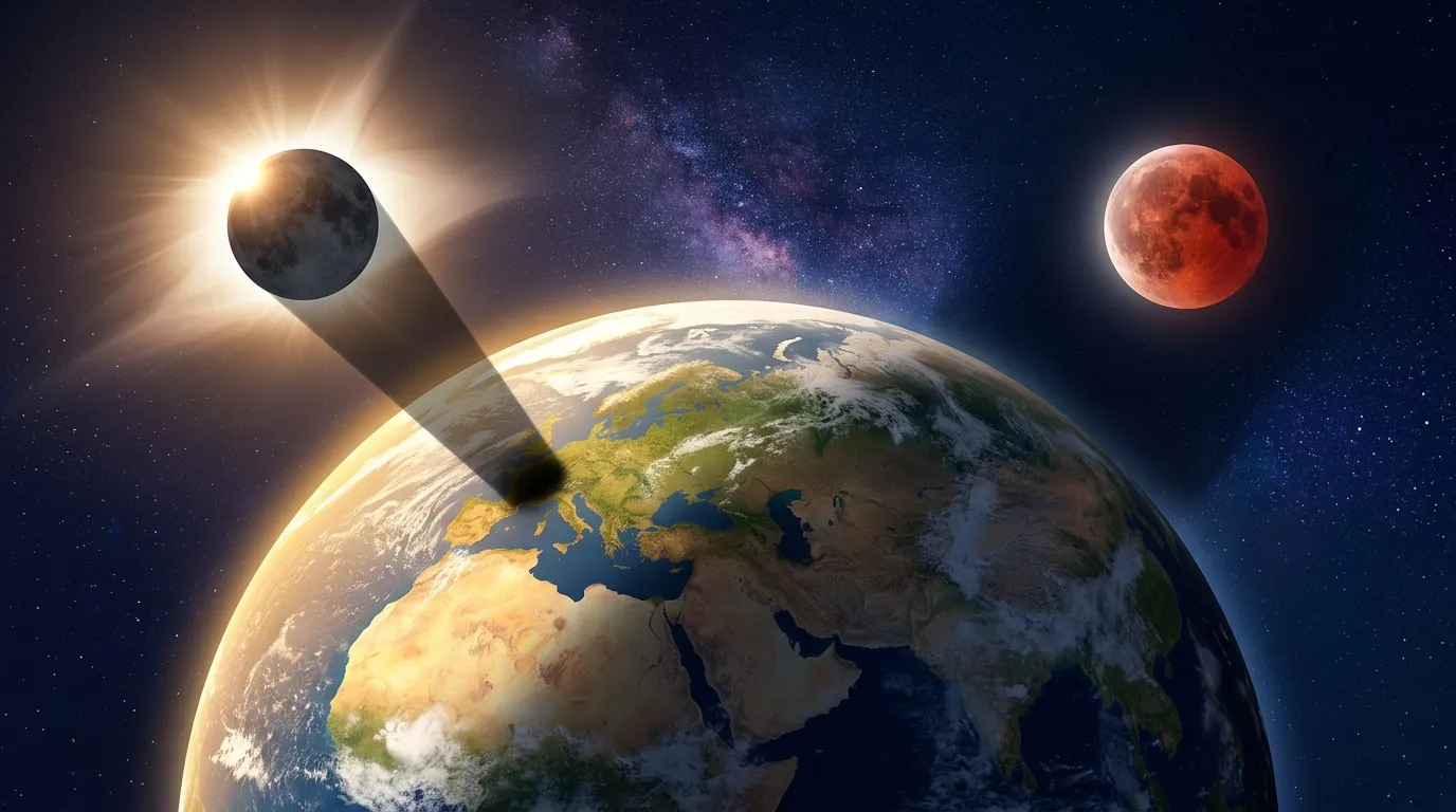 Éclipse solaire avec Terre et Lune rouge dans l'espace