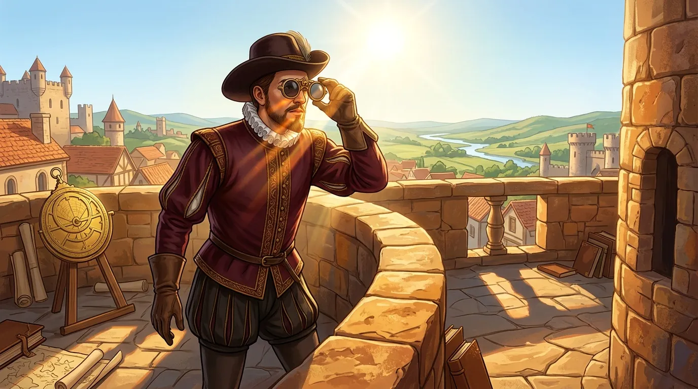 Homme avec lunettes et chapeau observe le paysage depuis une tour