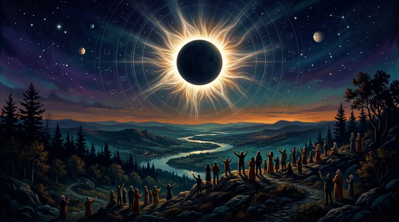 Foule regardant éclipse solaire avec zodiac et paysage nocturne