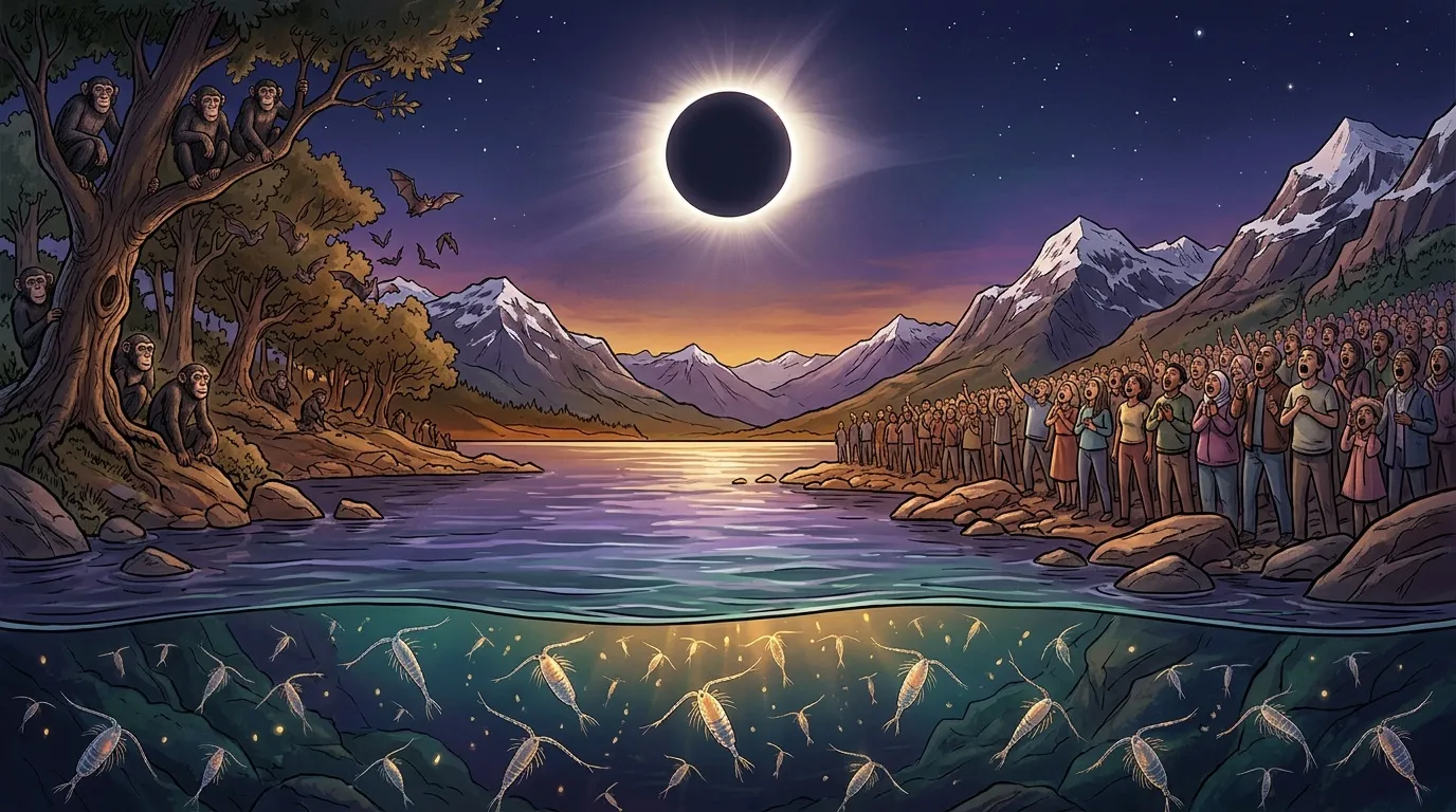 Foule observant une éclipse solaire au-dessus d'un lac bioluminescent.