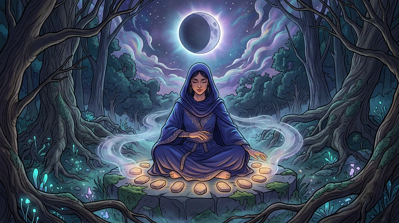 Femme en méditation entourée de runes lumineuses sous une éclipse lunaire