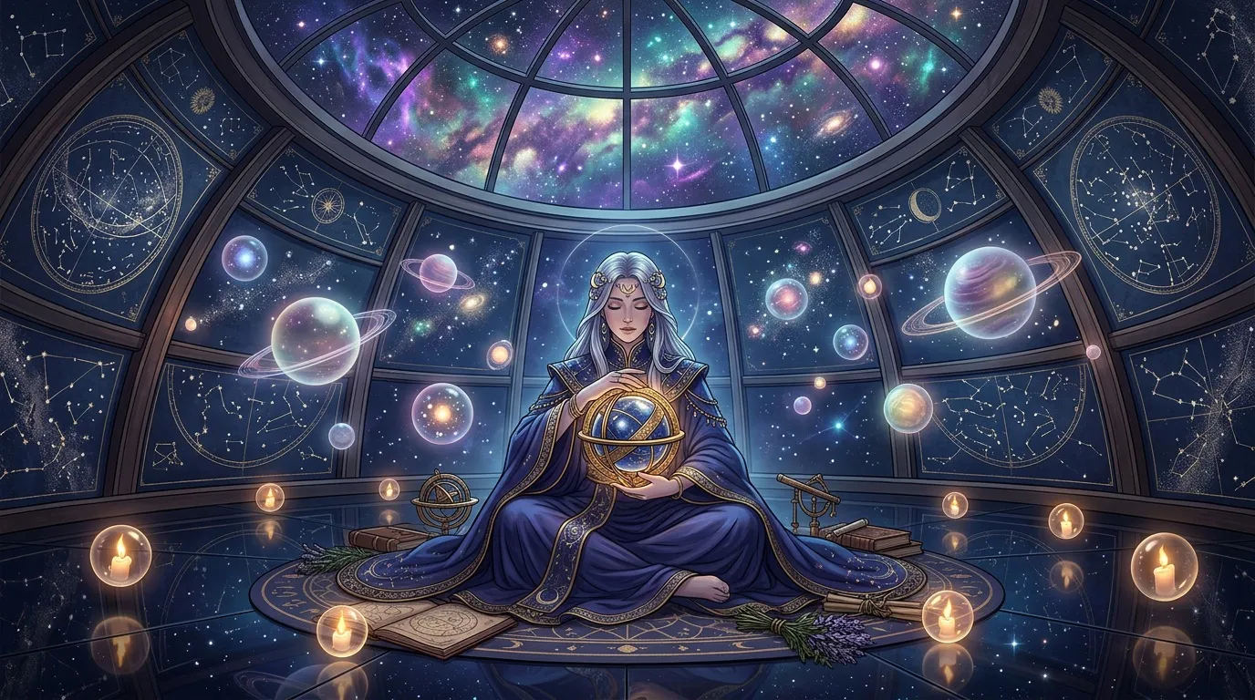 Femme mystique tenant une sphère céleste dans un observatoire astronomique