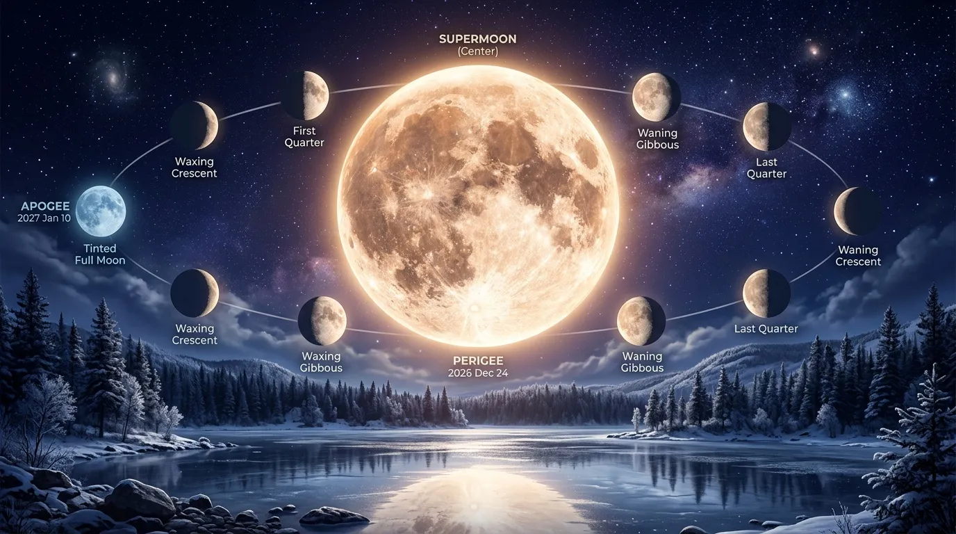 Superlune entourée des phases lunaires au-dessus d'un lac gelé