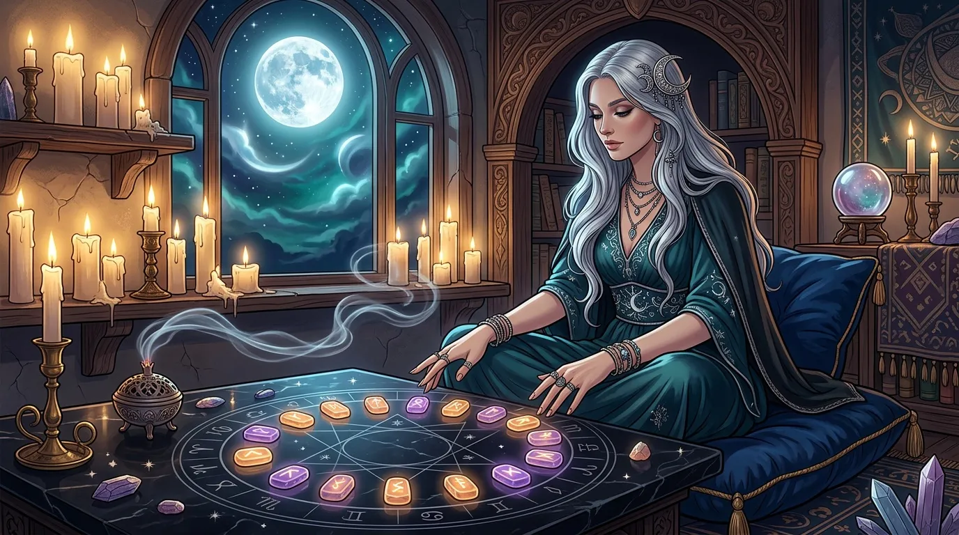 Femme pratiquant la divination avec des runes et cristaux lunaires