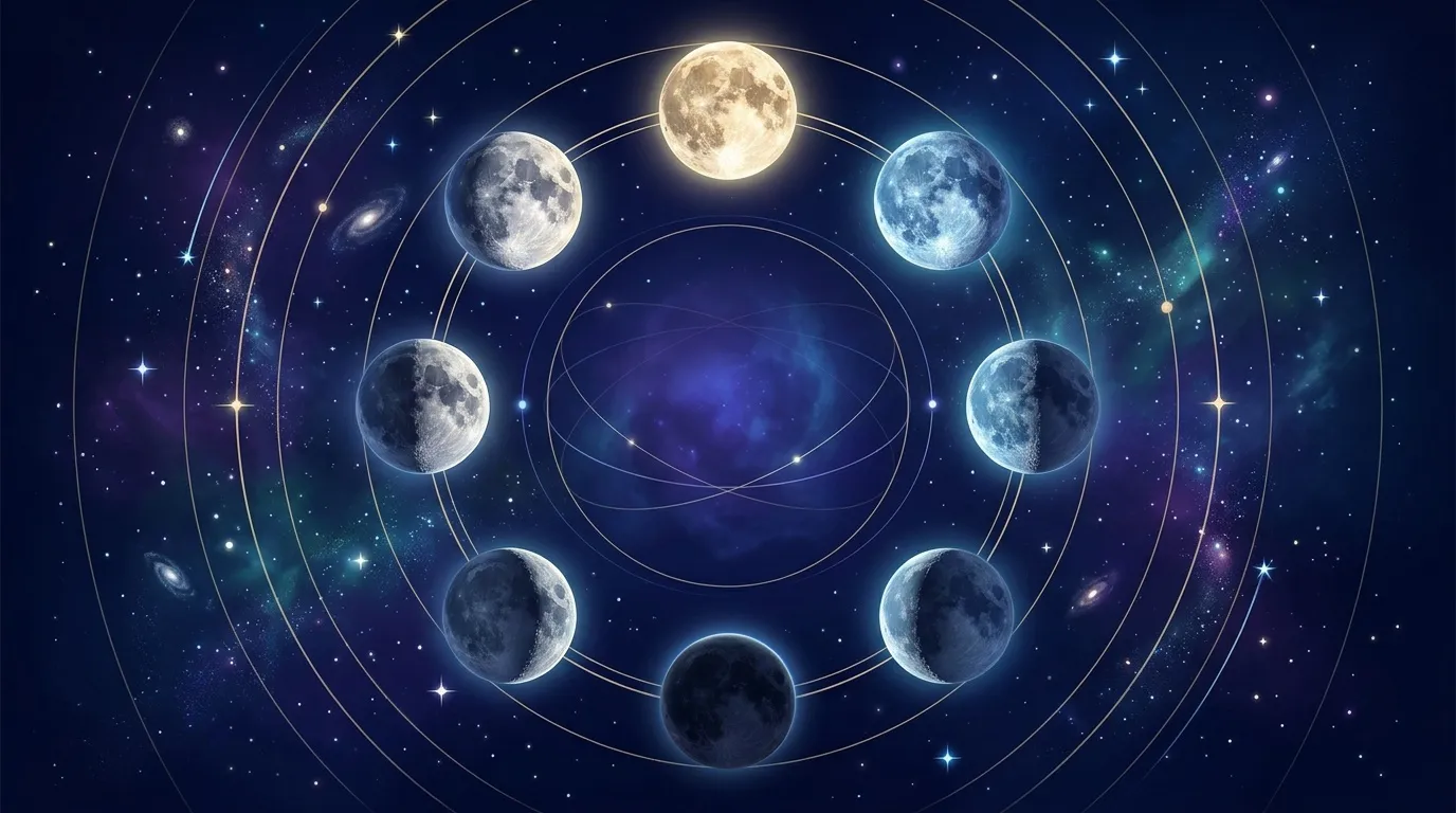 Cycle lunaire complet avec huit phases autour d'un centre cosmique