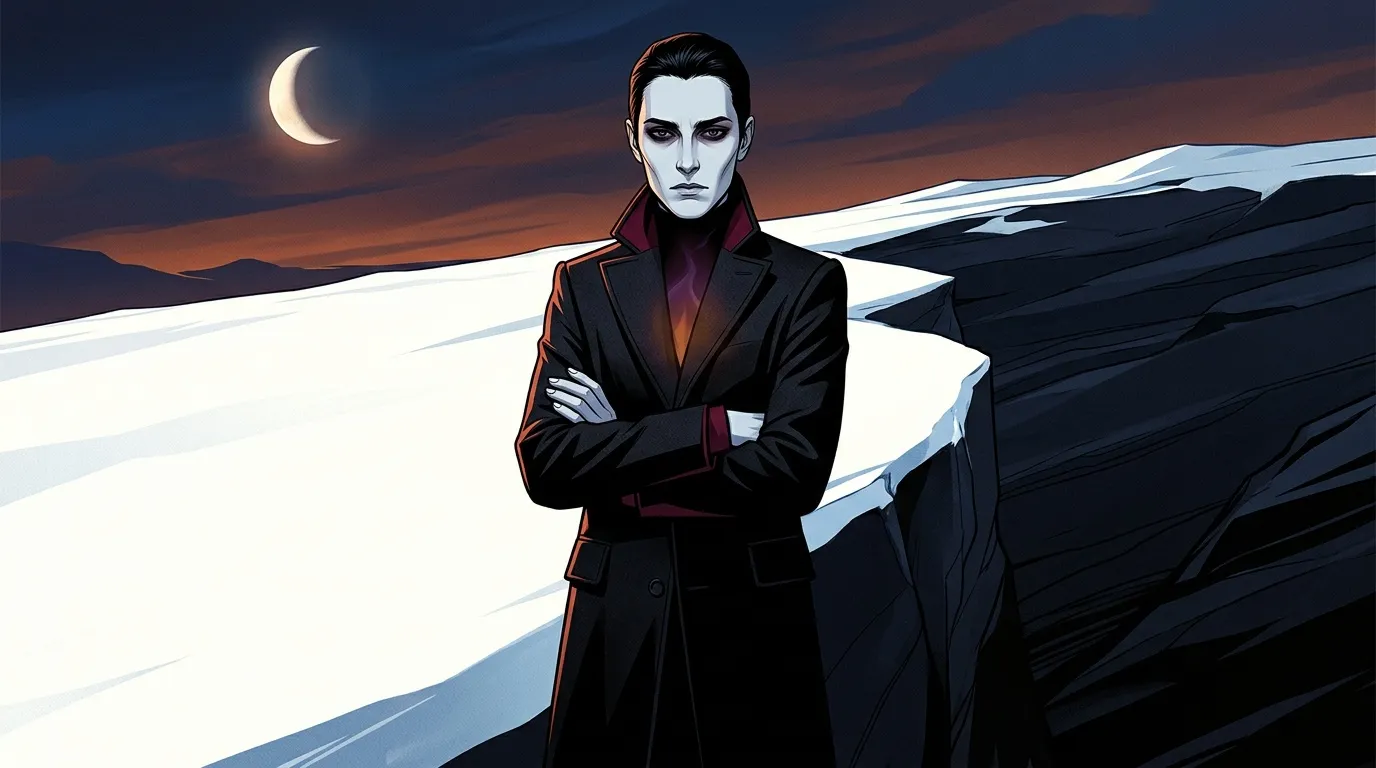 Personnage en costume noir dans paysage glacial nocturne