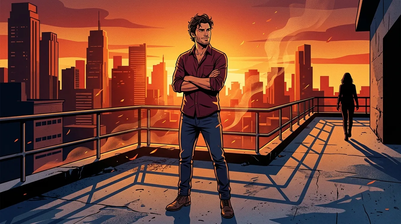 Homme debout sur toit face &agrave; skyline dor&eacute; au coucher soleil