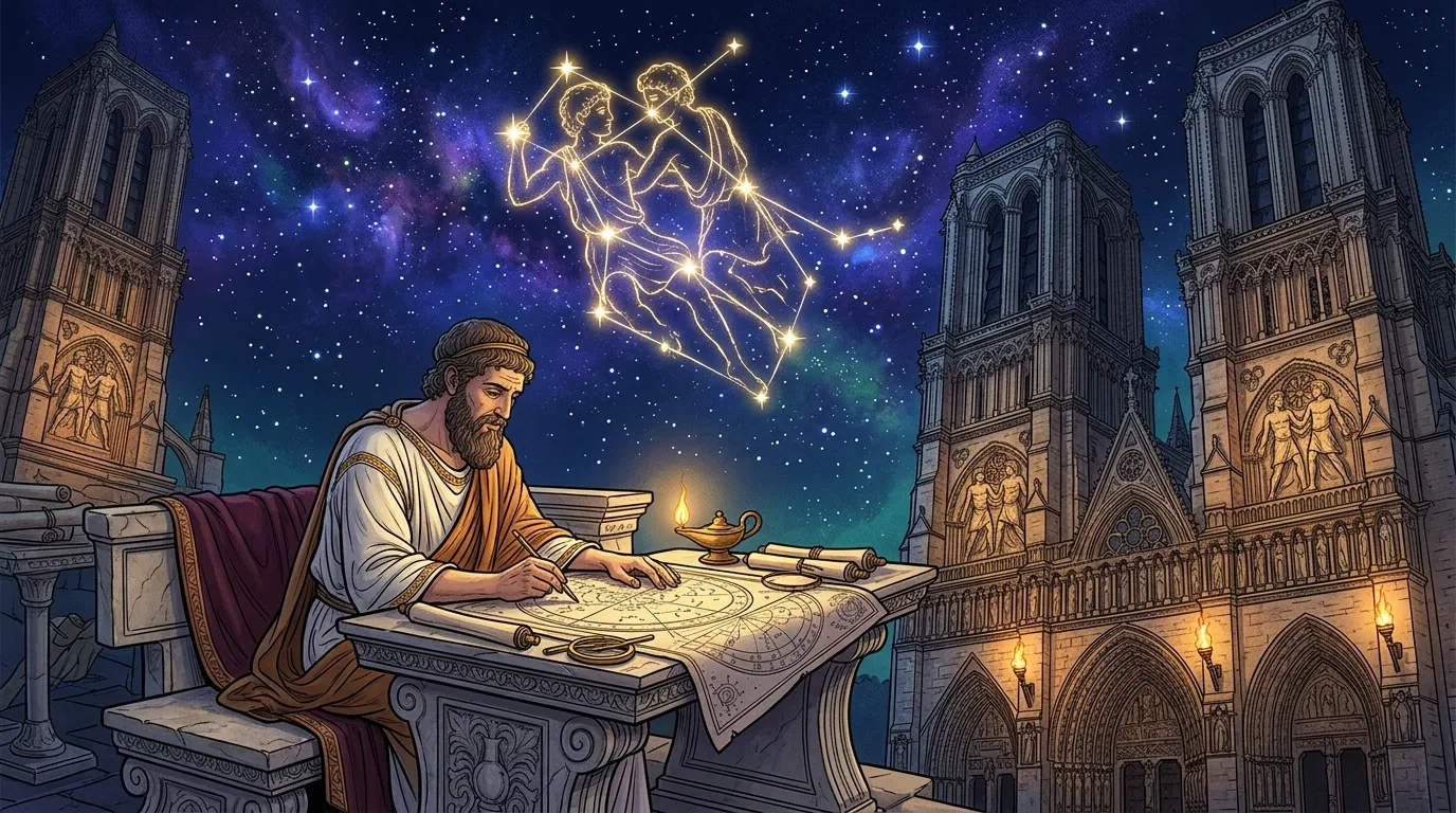 Savant antique étudiant les constellations sous le ciel étoilé