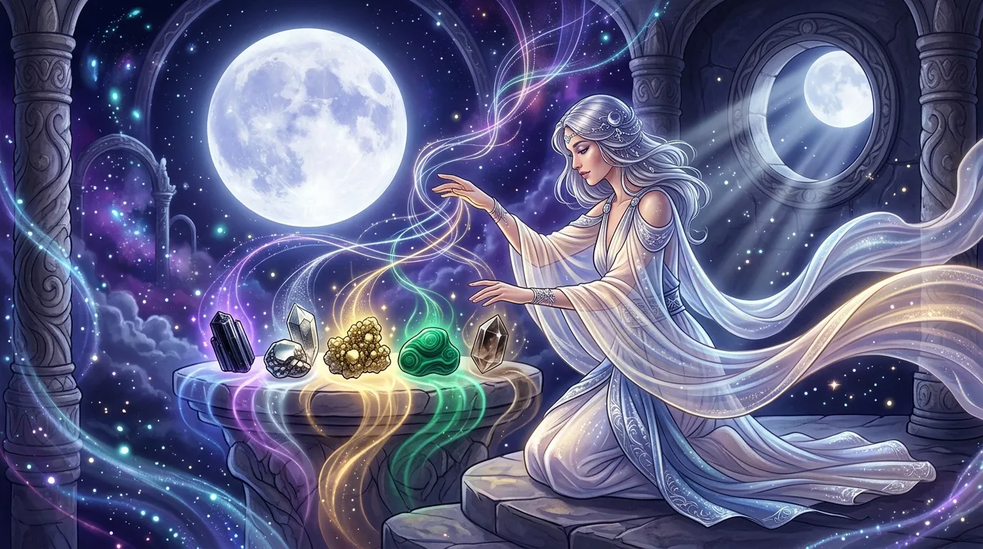 Femme mystique entourée de cristaux brillants sous la lune