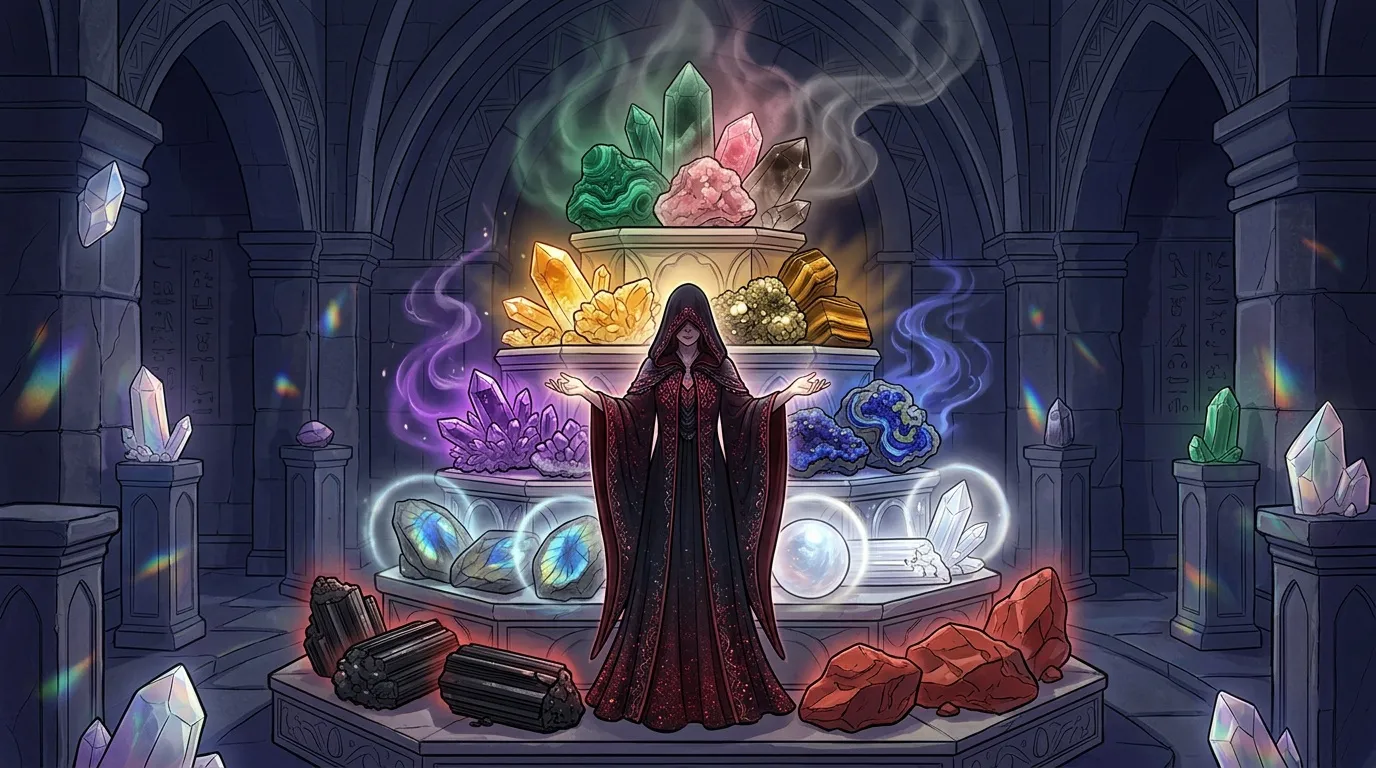 Sorcière en robe rouge entourée de cristaux multicolores brillants