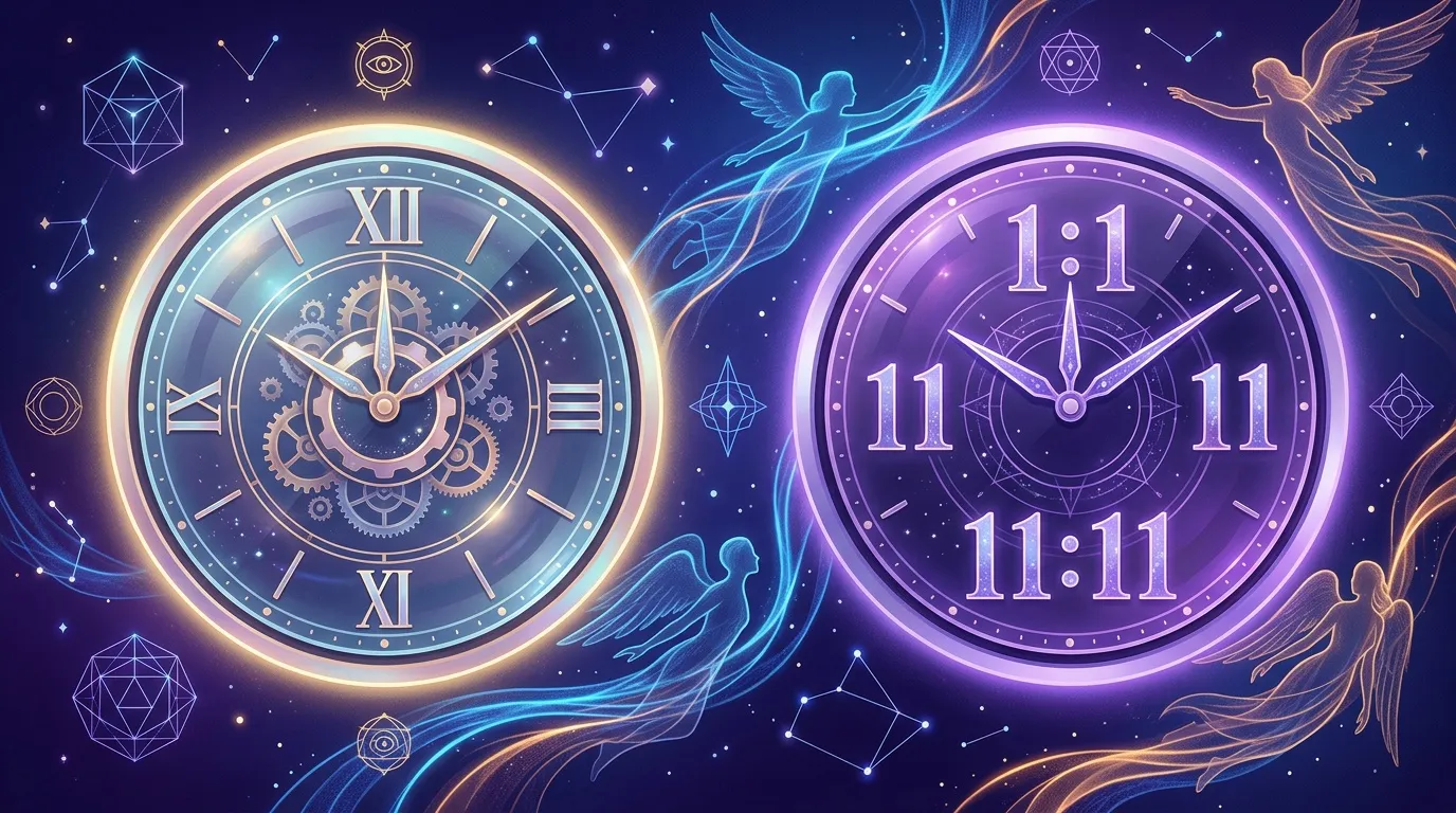 Deux horloges lumineuses affichant 11:11 avec symboles spirituels
