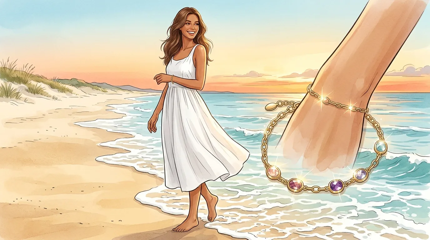 Femme en robe blanche sur la plage avec bracelet dor&eacute;