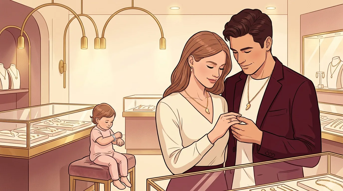 Couple regardant une bague en bijouterie avec enfant