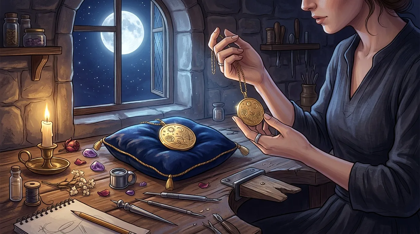 Femme pratiquant la divination avec pendules dor&eacute;s la nuit