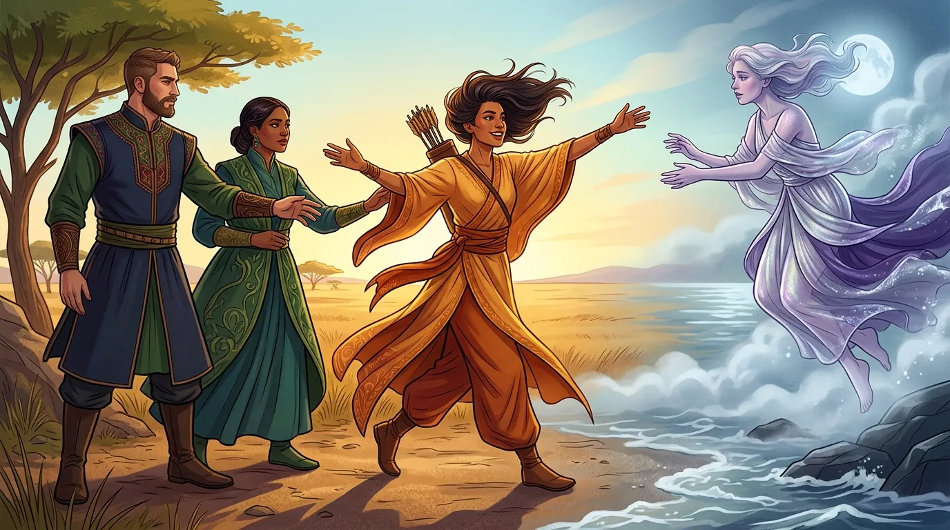 Trois personnages en robes traditionnelles rencontrent une créature fantastique lumineuse