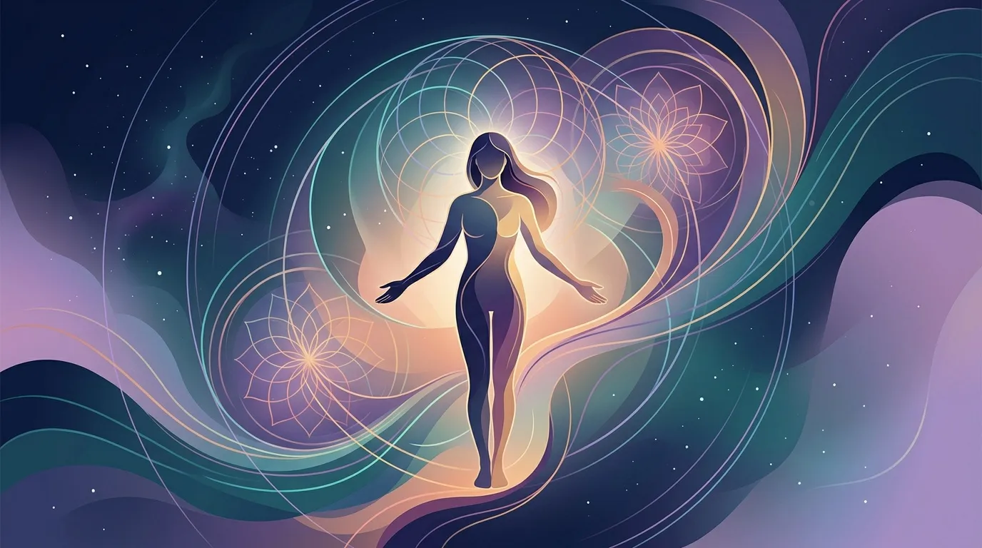 Silhouette f&eacute;minine entour&eacute;e de motifs g&eacute;om&eacute;triques lumineux